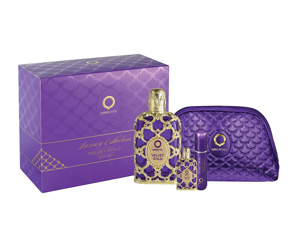 Gift Set Velvet Gold by Orientica (Gift Bag, Perfume 80ML , Atomizador & Perfume de Cartera 10ML)